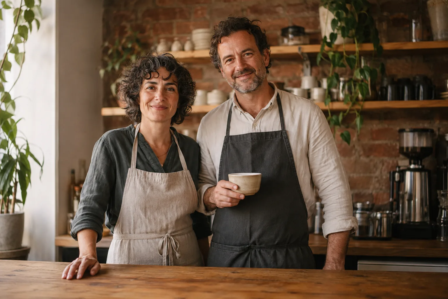 Nora and Eli behind the counter at Quillwood, in aprons, one of them holding a cup.