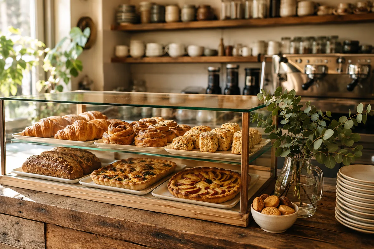 The pastry case at Quillwood on a weekday morning: croissants, morning buns, scones, a seeded loaf and two tarts.