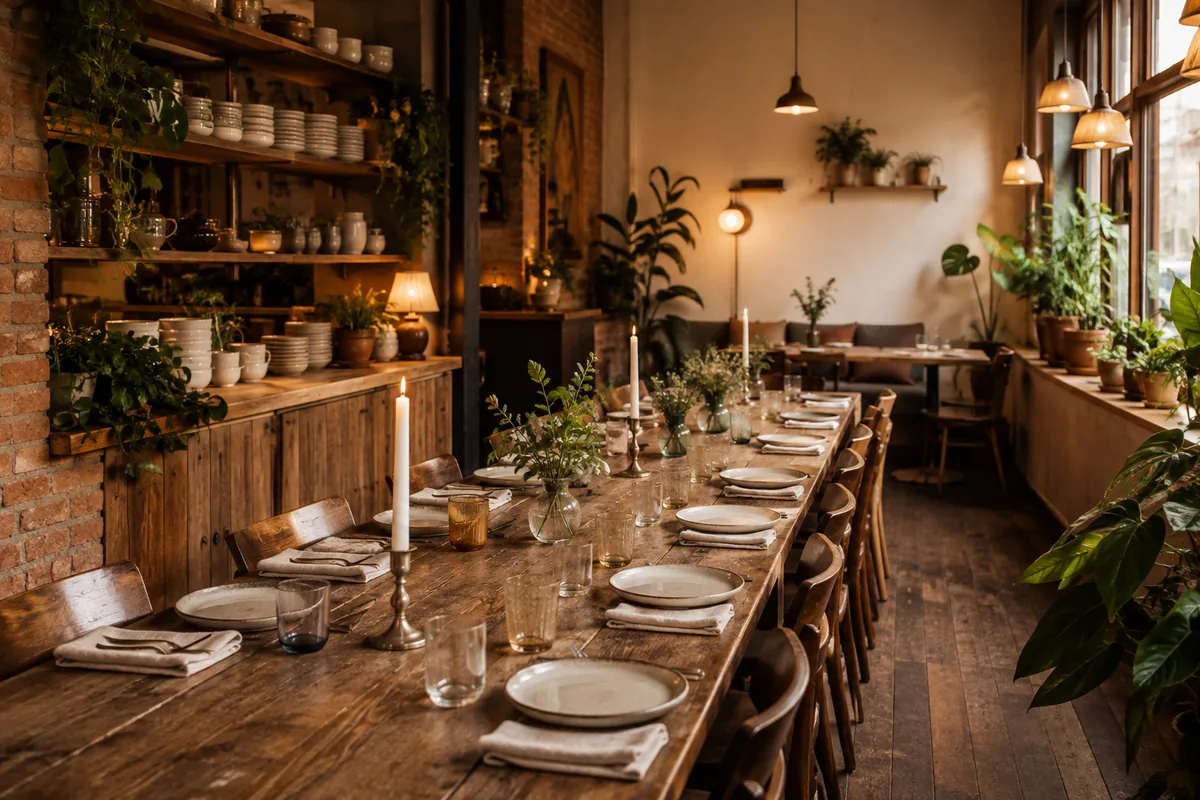 The back room laid for a private evening: one long table down the middle, set for fourteen, candles unlit and chairs tucked in.
