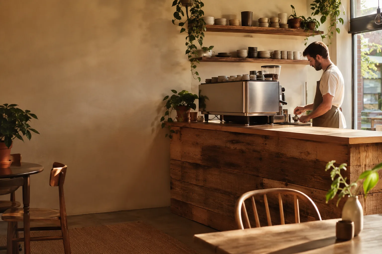 The counter at Quillwood, with the espresso machine on the end and a baker working at the window behind it.