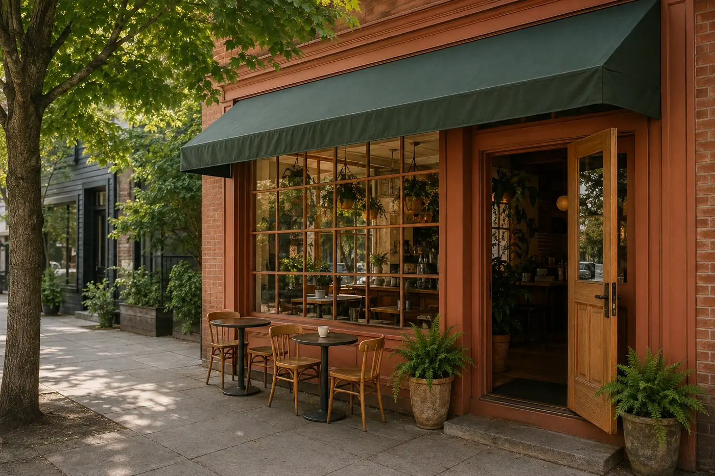The front of Quillwood from across the pavement: a terracotta shopfront with a dark green awning, a propped-open door and two small tables under the street tree.