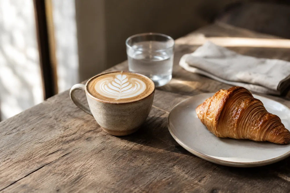 A cappuccino and a butter croissant on the wooden table by the window.
