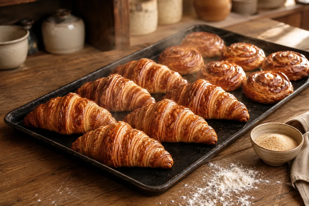 A tray of croissants and morning buns out of the oven, still on the baking sheet.