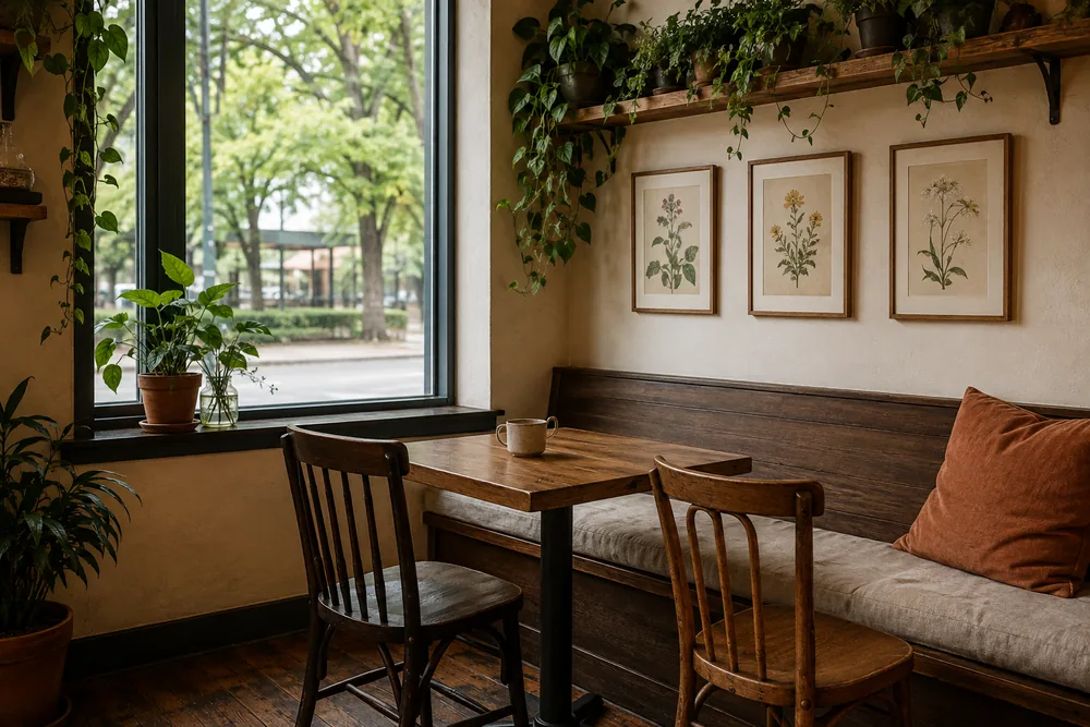 The corner bench under the botanical prints, looking out at the street trees.