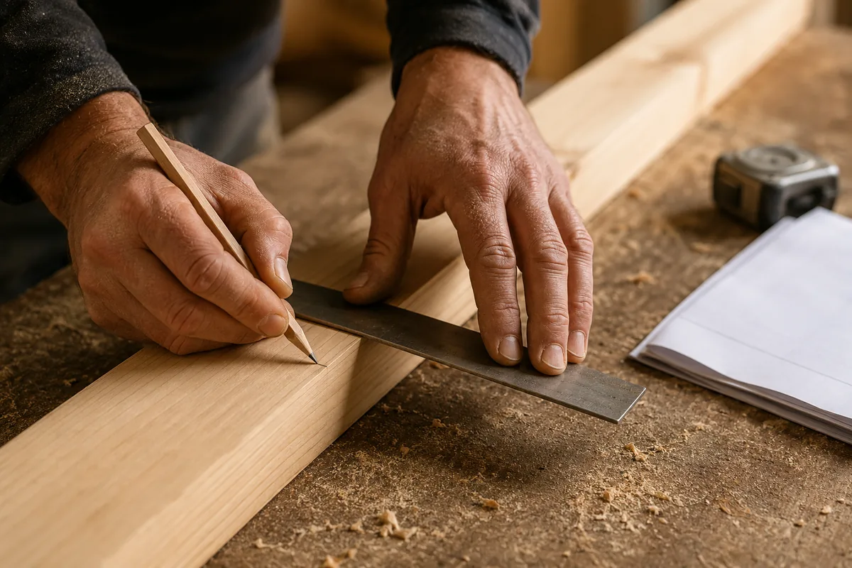 A carpenter marking a cut line on timber with a square and a flat pencil