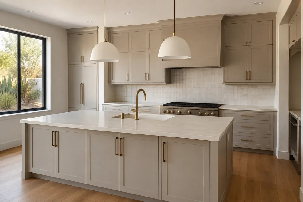 The finished Arcadia kitchen, island and range wall after the load-bearing wall came out