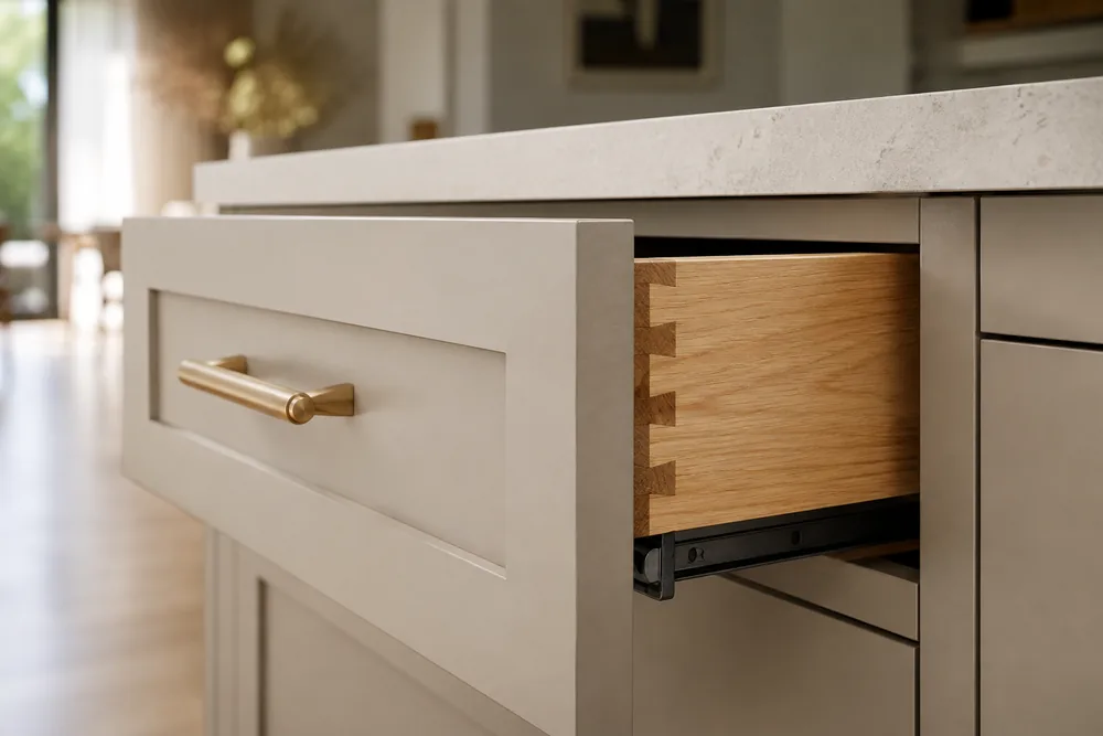 Detail of the drawer box and quartz edge, showing the joinery and the paint finish