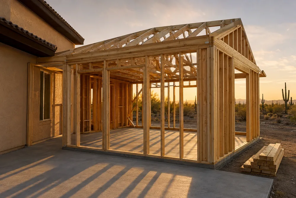 The addition during construction, framing and trusses up on the new slab