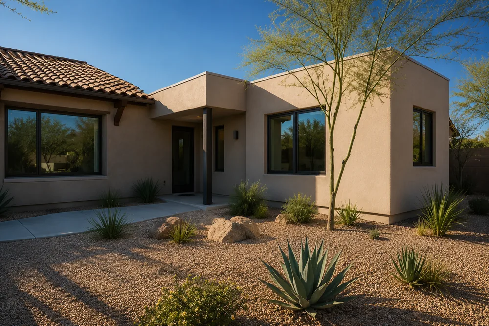 The finished addition from the garden, stucco matched to the original house