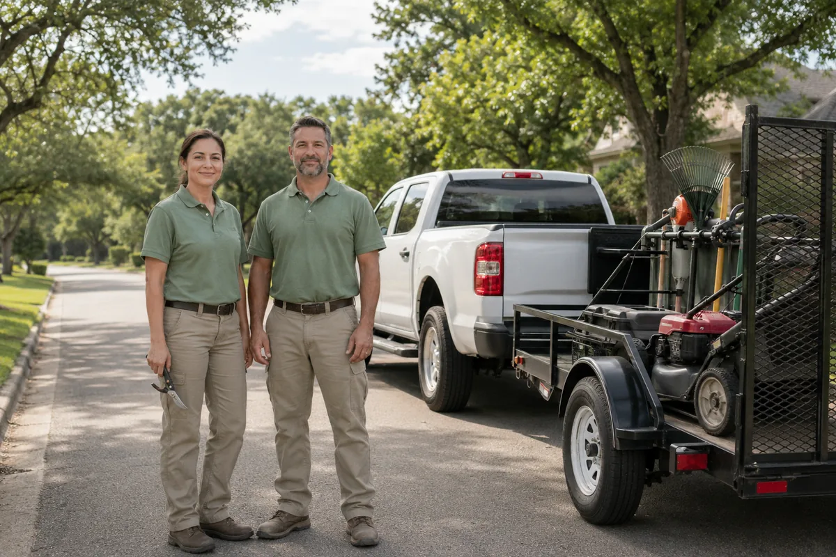 Cass and Nathan beside the Larkmoor truck and trailer on an Austin street