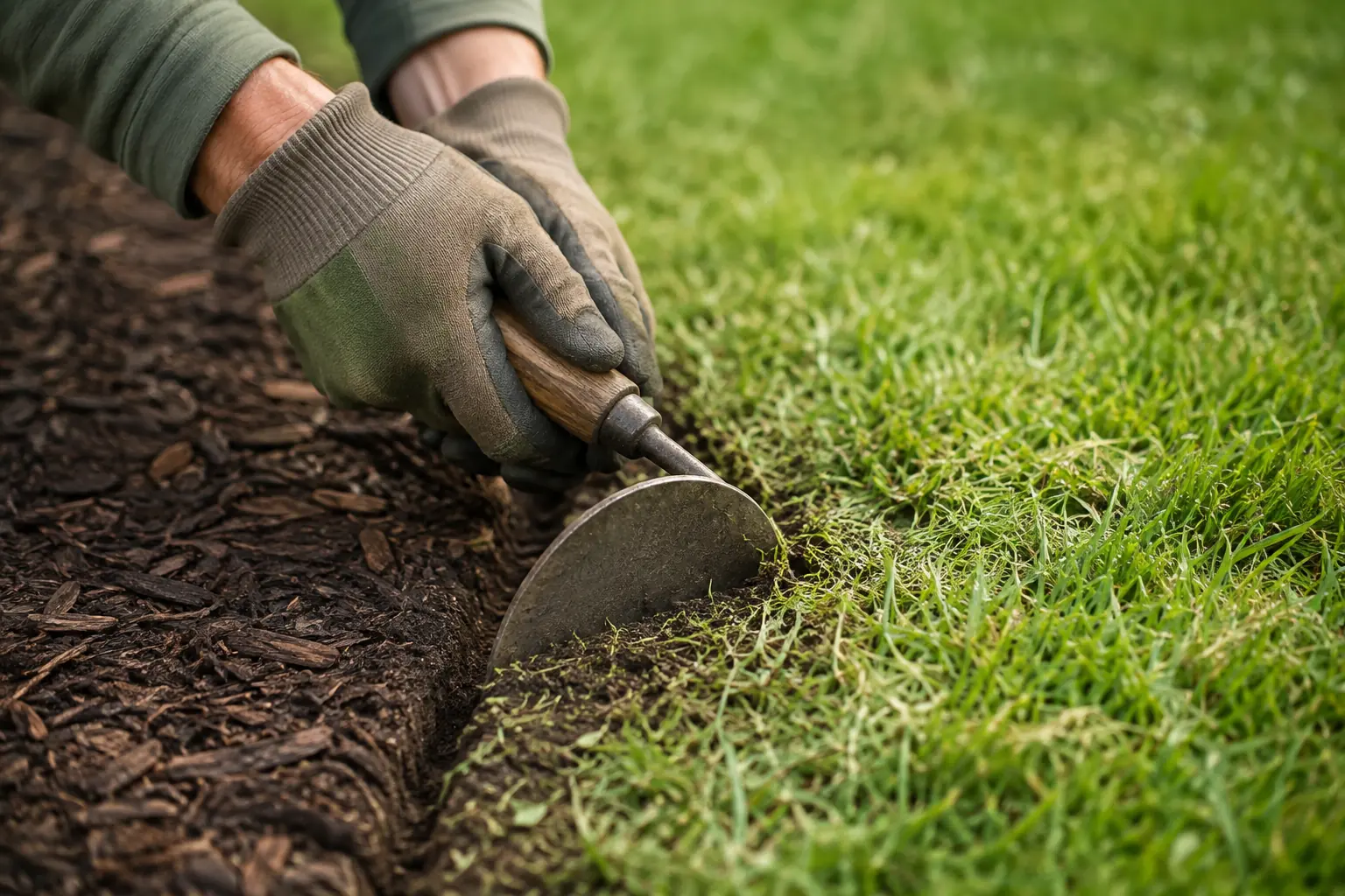 Close-up of a half-moon edging spade cutting a clean line between lawn and mulched bed.