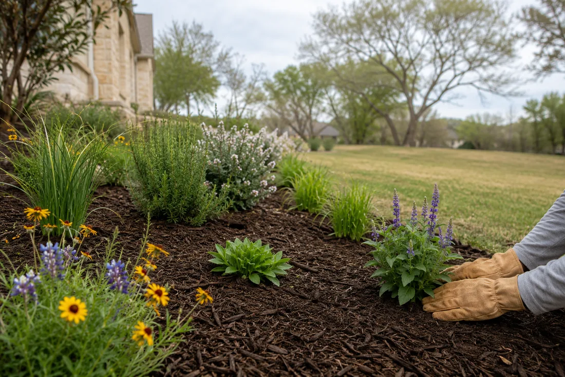 A garden bed being renewed in early spring — fresh mulch spread around new perennial growth.