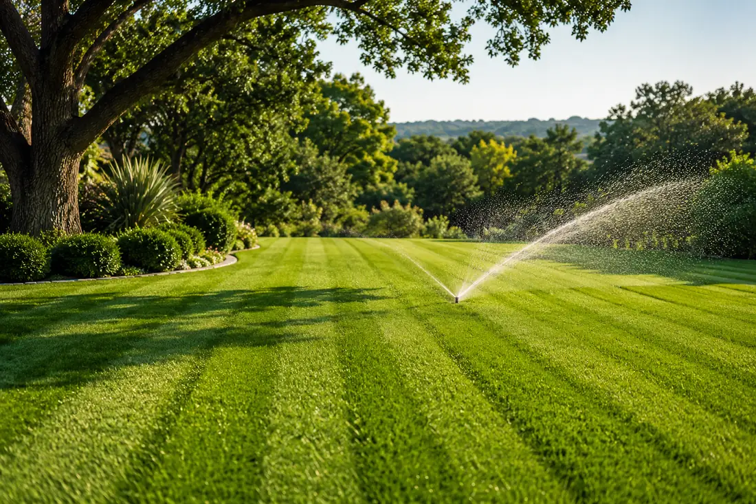 A striped summer lawn with an in-ground sprinkler throwing a low fan of water across the turf.