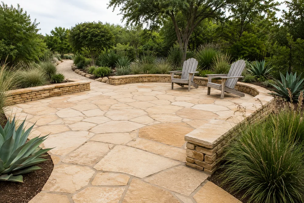 Flagstone patio and dry-stacked wall in Cedar Park
