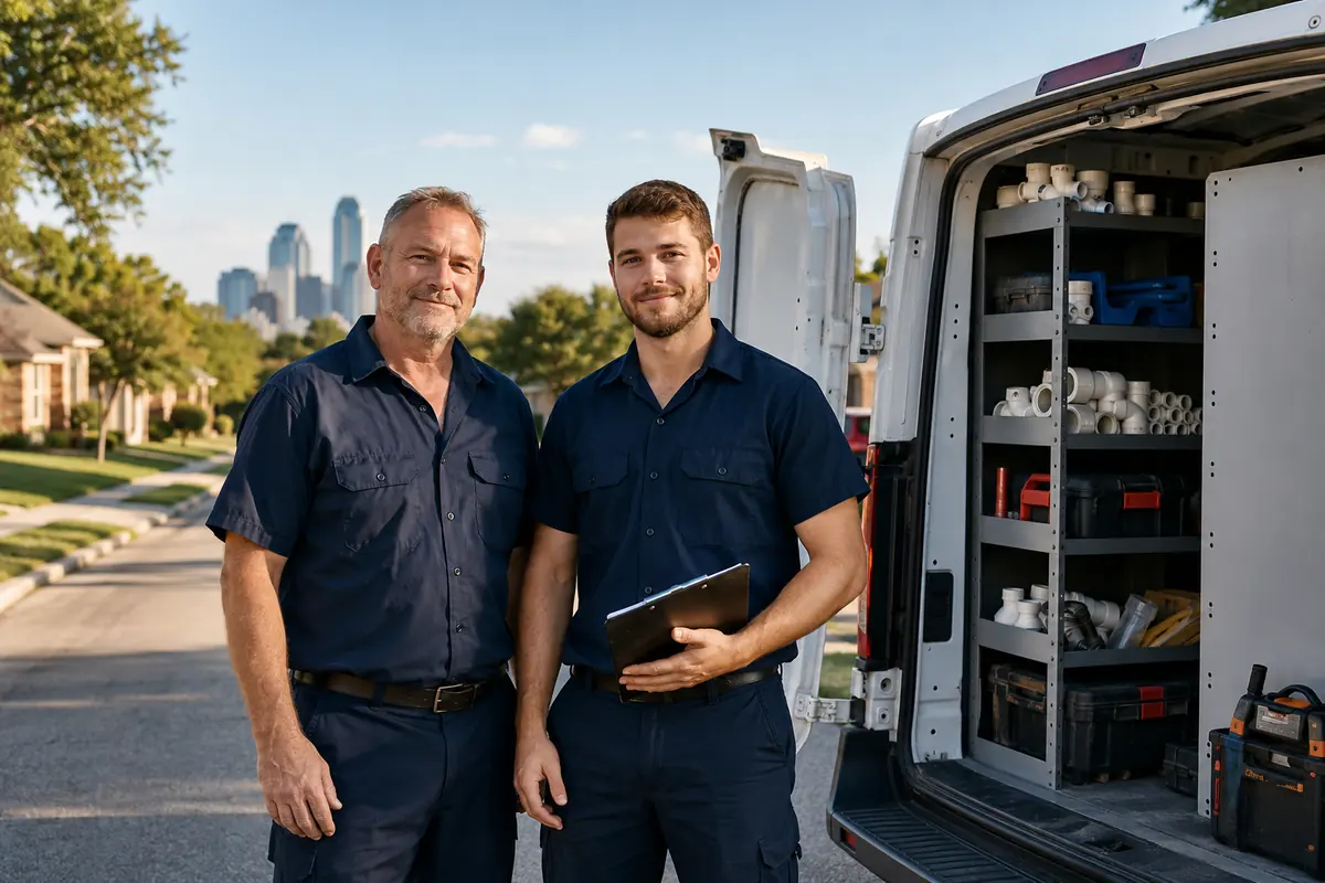 The two Thornvale plumbers at the back of their service van on a Dallas street